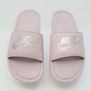 Nike Benassi JDI Womens Rose Metallic Silver Slides Sandals